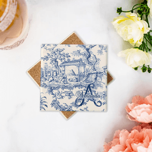 Personalized Retro French Toile De Jouy Style Square Ceramic Coaster with Initial and Name Wedding Engagement Gift for Newlyweds Couple