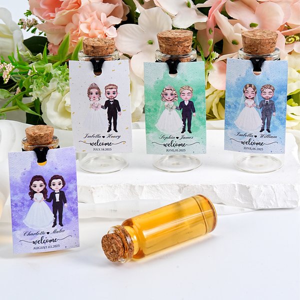 Personalized Cartoon Bride and Groom Watercolour Label Shot Bottle with Name and Date Wedding Favor Decor for Couple Guest Newlywed