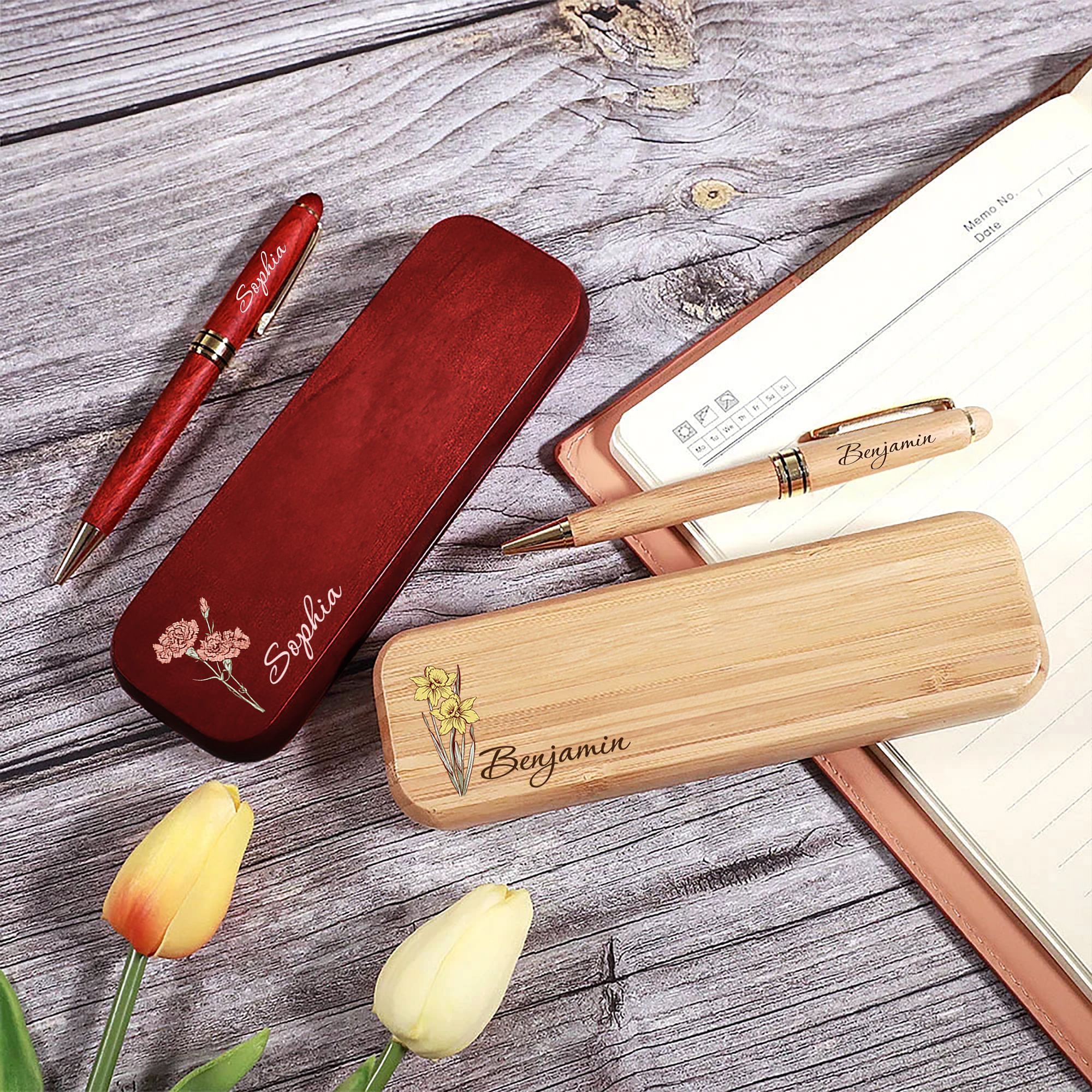 Stylo à Bille et Étui en Bois Personnalisés avec Nom et Fleur de Naissance Gravés Cadeau d'Anniversaire pour les Enseignants et les Étudiants