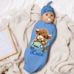 Personalized Blue Pink Highland Cow Swaddle and Knot Hat Set with Name Baby Shower Birthday Gift for Newborns Babies