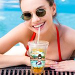 Personalized Pool Vacation Cartoon Girl Name 16 oz Acrylic Tumbler with Straw and Lid Beach Party Holiday Gift for Women