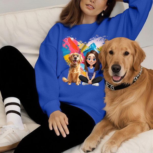 Personalized 3D Cartoon Dog and Girl T-shirt Sweatshirt Birthday Adoption Anniversary Gift for Dog Moms Dog Lovers