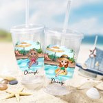 Personalized Pool Vacation Cartoon Girl Name 16 oz Acrylic Tumbler with Straw and Lid Beach Party Holiday Gift for Women