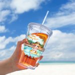 Personalized Pool Vacation Cartoon Girl Name 16 oz Acrylic Tumbler with Straw and Lid Beach Party Holiday Gift for Women