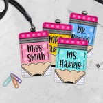 Personalized Polka Dots Pencil Design PU Leather ID Badge Holder with Text Back to School Teacher's Day Appreciation Gift for Teacher