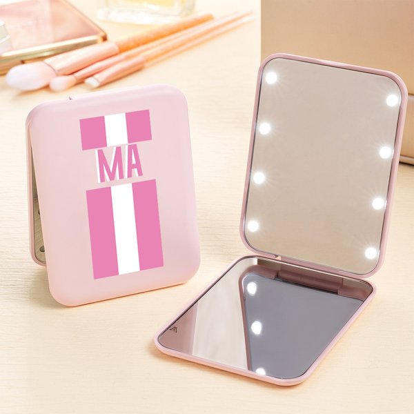 Personalized Shadow Monogram Stripe LED Double-Sided Foldable Compact Makeup Mirror with Initial Travel Accessories Birthday Gift for Bridesmaid Women
