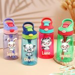 Gepersonaliseerd schattig lachend dierenpatroon naam 16 oz Kid waterfles met siliconen rietje en handvat Verjaardag terug naar school Gift voor jongens meisjes