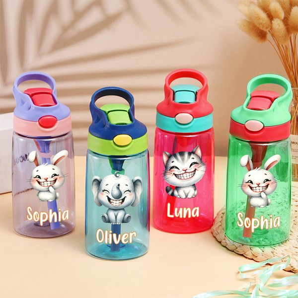 Personalized Cute Laughing Animal Pattern Name 16 oz Kid Water Bottle with Silicone Straw and Handle Birthday Back to School Gift for Boys Girls