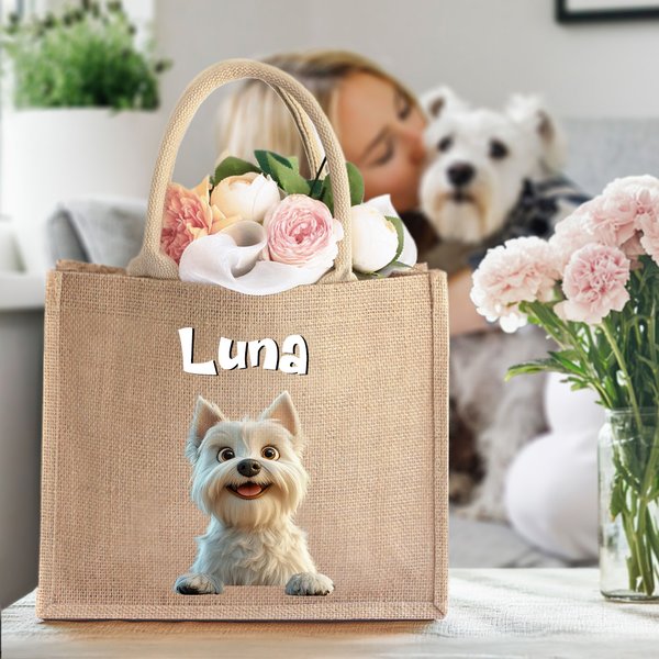 Bolsa de yute personalizada grande con nombre y 1-3 perros de dibujos animados en 3D regalo de cumpleaños para mujeres y amantes de las mascotas