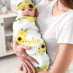 Personalised Watercolor Flower Wreath 100% Cotton Soft Swaddle and Knot Hat Set with Name Baby Photo Props Baby Shower Gift for Newborn