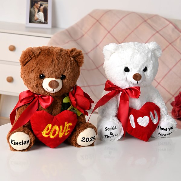 Ours en peluche personnalisé I Love You Red Heart Bow Rose avec textes Anniversary Valentine's Day Birthday Gift for Couple
