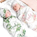 Personalised Watercolor Flower Wreath 100% Cotton Soft Swaddle and Knot Hat Set with Name Baby Photo Props Baby Shower Gift for Newborn
