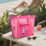 Personalized Birth Flower Cartoon Character Mesh Beach Tote Bag with Name Summer Vacation Swimming Pool Birthday Gift for Women Girls