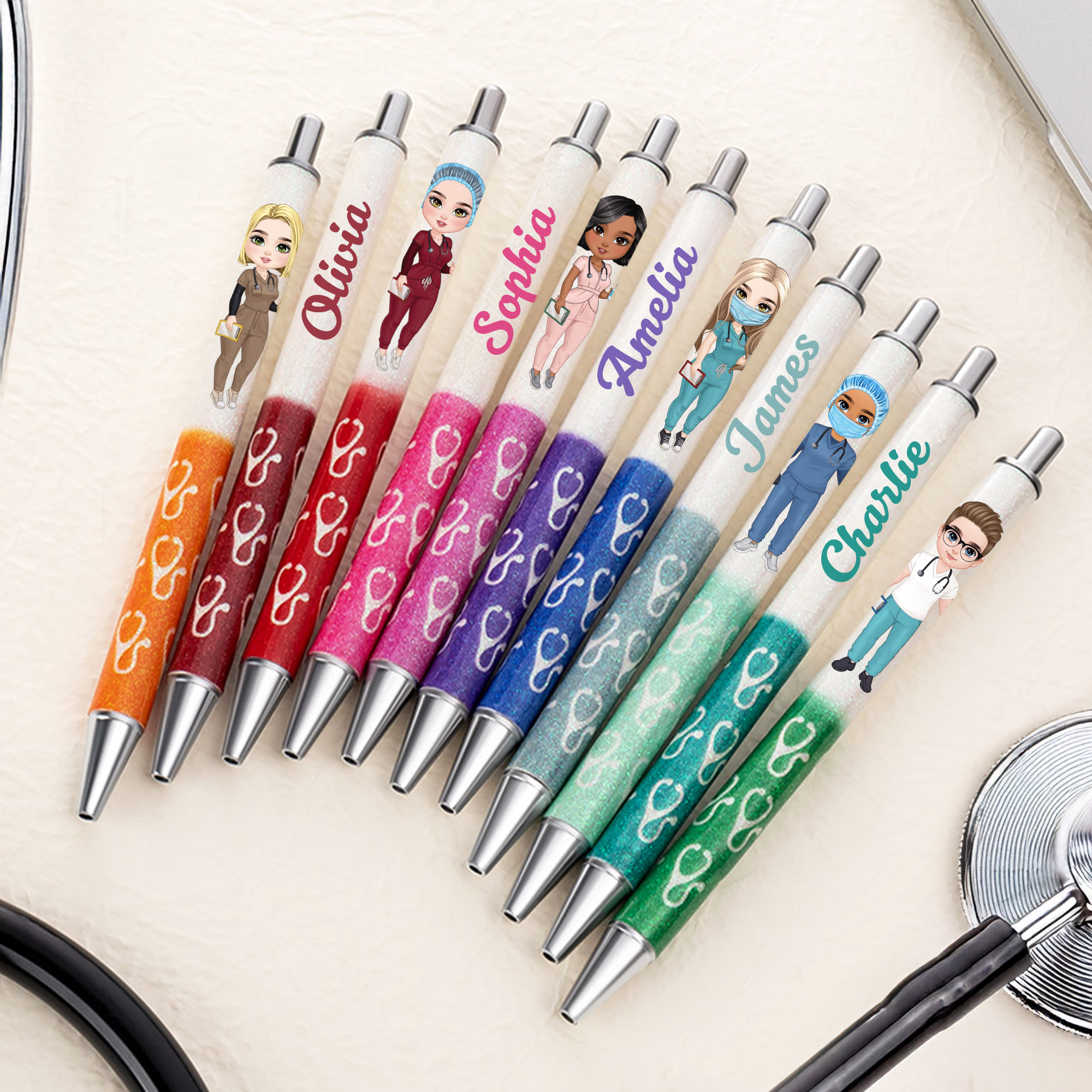 Stylo à bille pailleté rétractable multicolore avec nom Personnalisé Infirmière stéthoscope dessin animé Cadeau d'anniversaire et de fin d'année pour le personnel médical