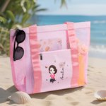 Personalized Birth Flower Cartoon Character Mesh Beach Tote Bag with Name Summer Vacation Swimming Pool Birthday Gift for Women Girls