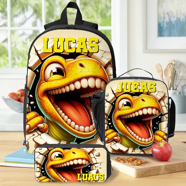 Personalised Cute 3D Cartoon Dinosaur Backpack Lunch Bag Pencil Case Set with Name Back to School Birthday Gift for Boys Girls