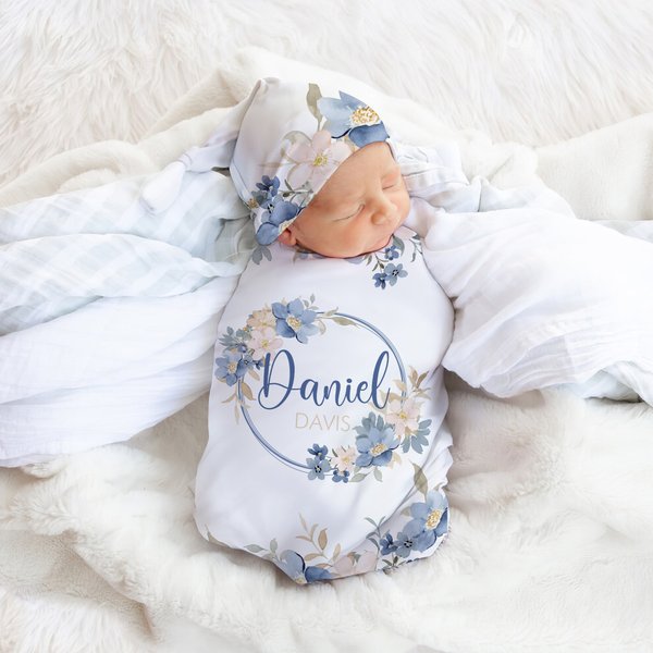Personalized Watercolor Flower Wreath 100% Cotton Soft Swaddle and Knot Hat Set with Name Baby Photo Props Baby Shower Gift for Newborn