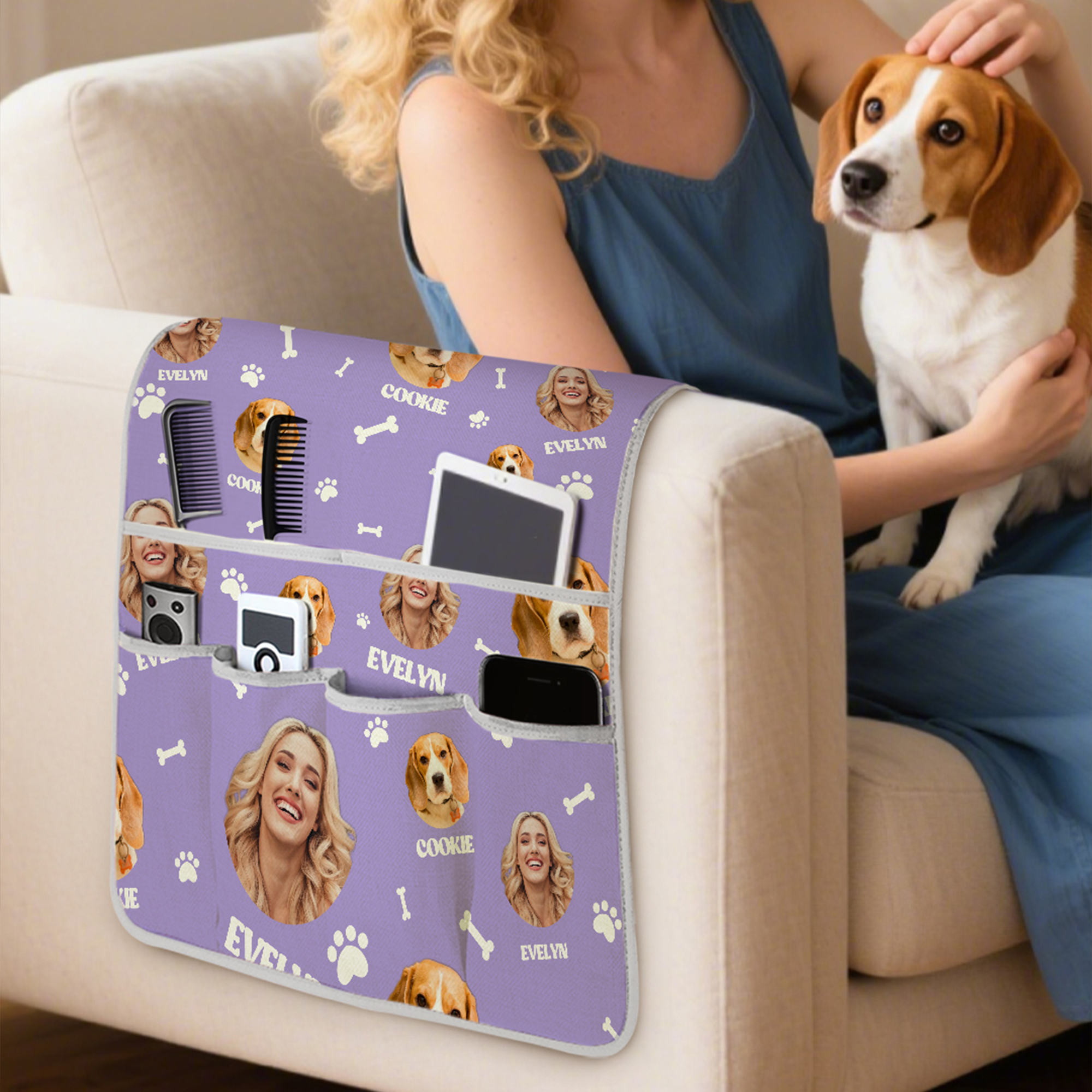 Sac de rangement pour accoudoir de canapé avec nom Cadeau de pendaison de crémaillère pour ami(e) de la famille