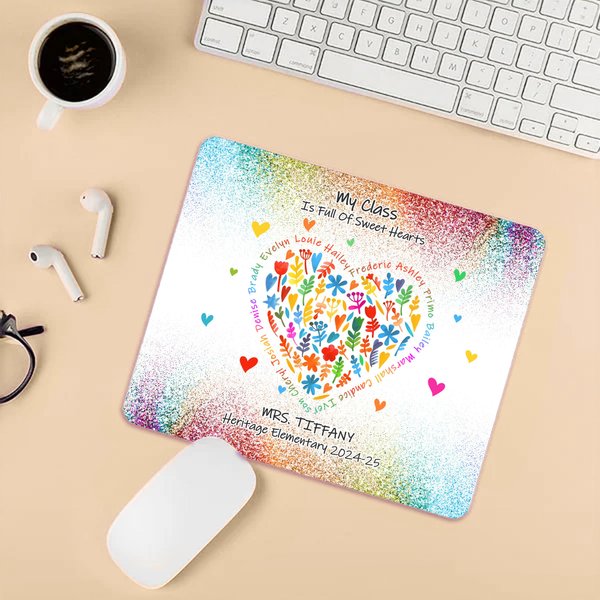 Personalized Colourful Heart Flower Anti-Slip Mouse Pad with Text and Name Office Supplies Back to School Appreciation Gift for Teachers