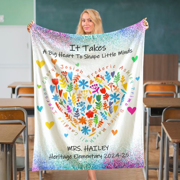 Personalized Colorful Heart Flower Soft Throw Blanket with Name and Text Home Decor Back to School Appreciation Gift for Teachers