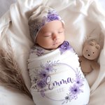 Personalised Watercolor Flower Wreath 100% Cotton Soft Swaddle and Knot Hat Set with Name Baby Photo Props Baby Shower Gift for Newborn