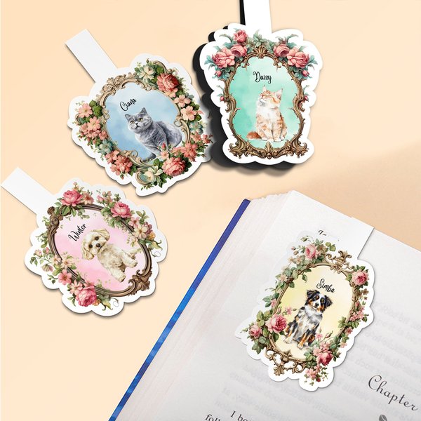 Personalised Vintage Watercolor Cartoon Dog Cat Portrait Magnetic Bookmark Clip with Name Back to School Anniversary Gift for Pet Lover Bookworm