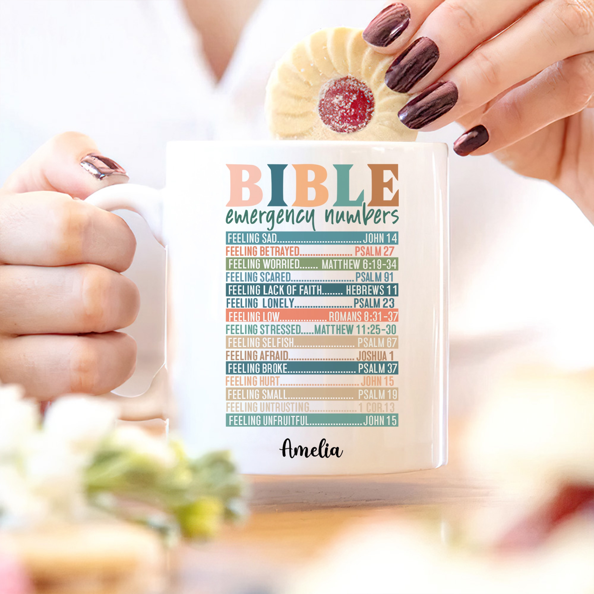 Tasse en céramique multicolore personnalisée avec nom, anniversaire et baptême pour les chrétiens