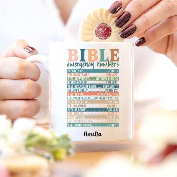 Personalized Multicolor Bible Emergency Numbers 11 oz Ceramic Mug with Name Birthday Baptism Gift for Christian