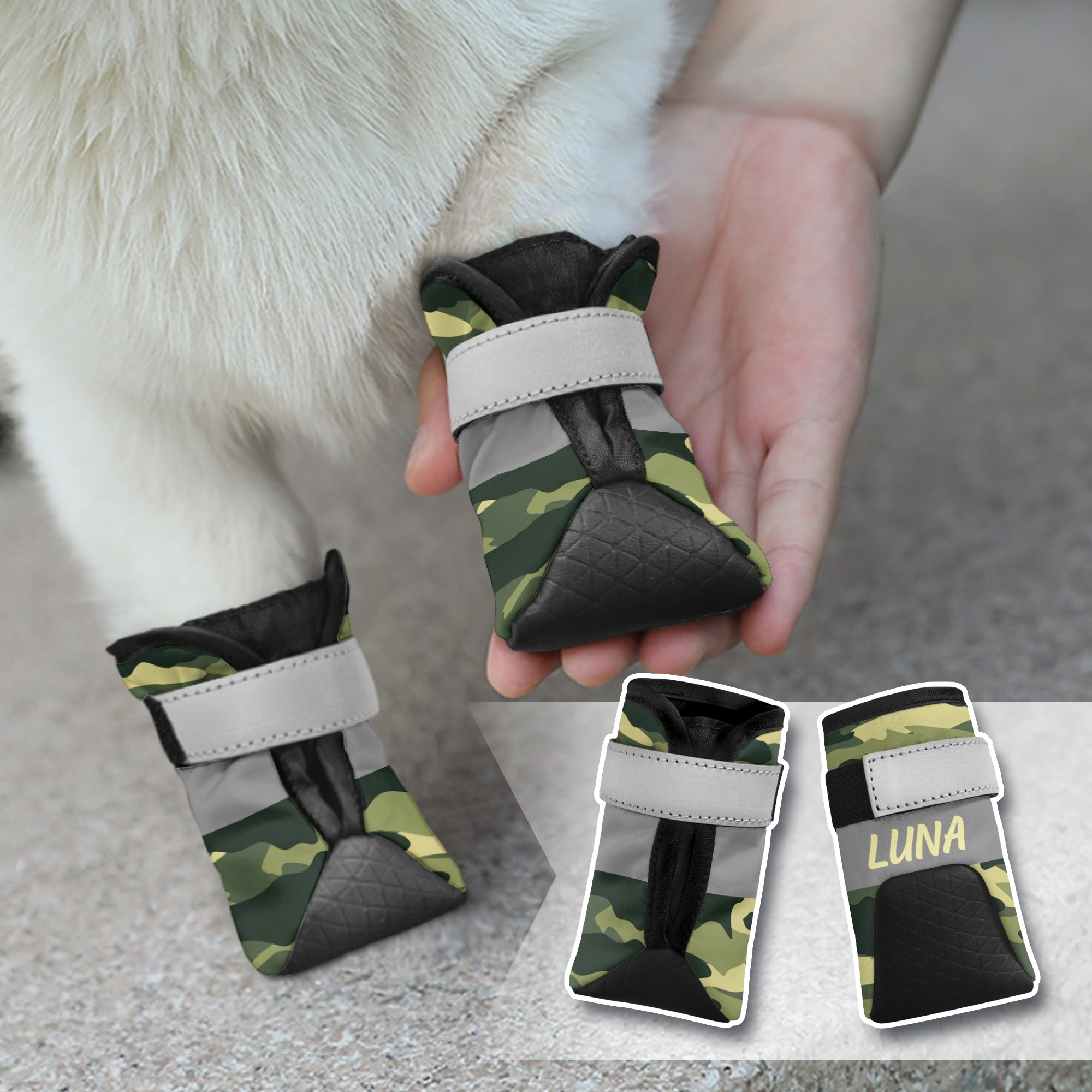 Chaussures de chien antidérapantes à motif camouflage multicolore personnalisées pour trottoir chaud avec nom Accessoires d'extérieur Cadeau d'anniversaire pour les propriétaires de chiens