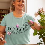 Personalized God Says Butterfly Birth Flower Encouraging Words T-shirt Sweatshirt with Name Mother's Day Birthday Gift for Women