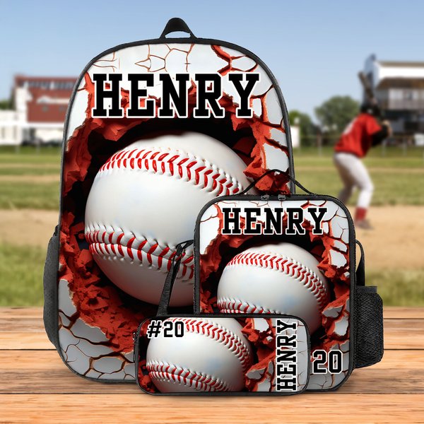 Personalized Football Baseball Ball Sports Backpack Lunch Bag Pencil Case Set with Name Travel Daliy Use Back to School Gift for Boys Girls