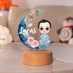 Gepersonaliseerd Cartoonfiguur Maanbloem LED Nachtlampje met Houten Basis met Naam Kerst- en Verjaardagscadeau voor Meisjes en Jongens