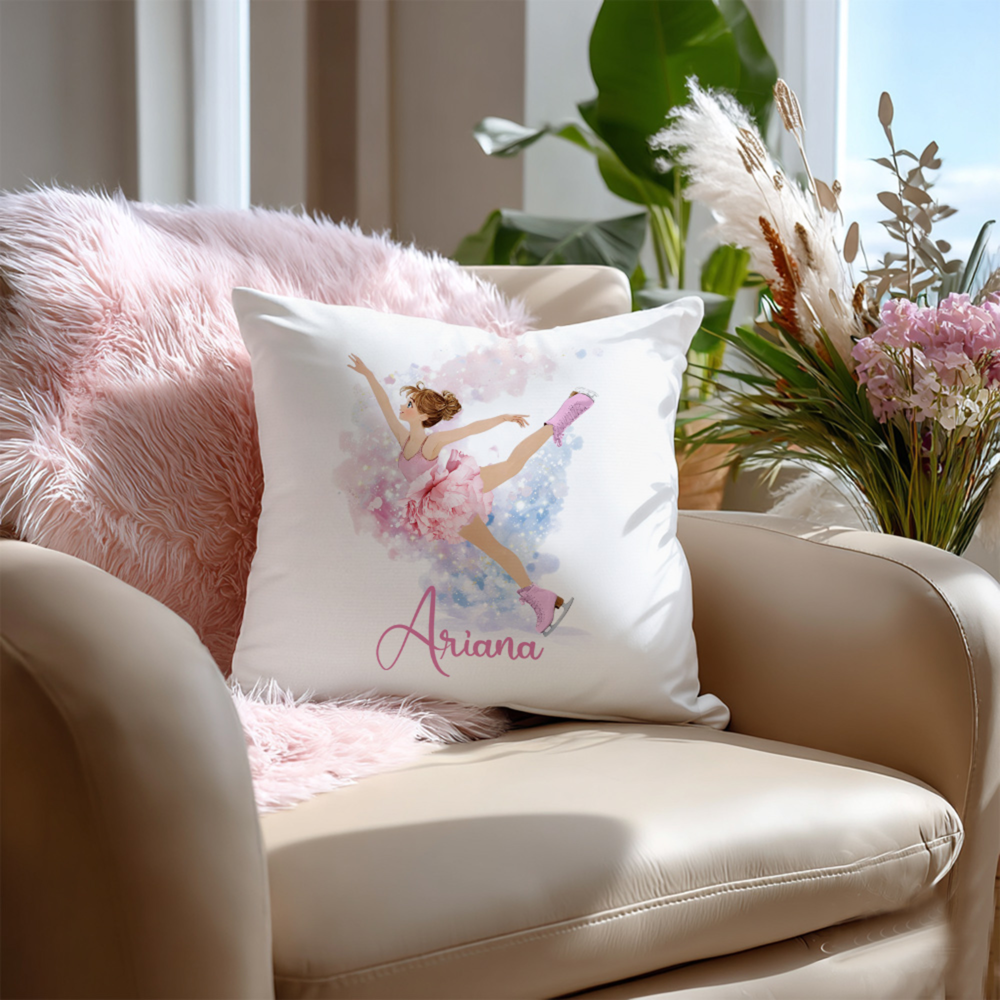 Taie d'oreiller personnalisée avec nom, fleur de naissance, fille patineuse, décoration d'intérieur, cadeau d'anniversaire pour elle