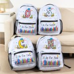 Personalized Pencil Crayon Apple Design Doodle Letter Backpack with Name Initial and Side Pockets Birthday Back to School Gift for Kids Students