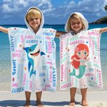 Personalized Cartoon Sea Animal Word Cloud Quick Dry Hooded Beach Towel with Name Beach Essentials Summer Vacation Birthday Gift for Boys Girls