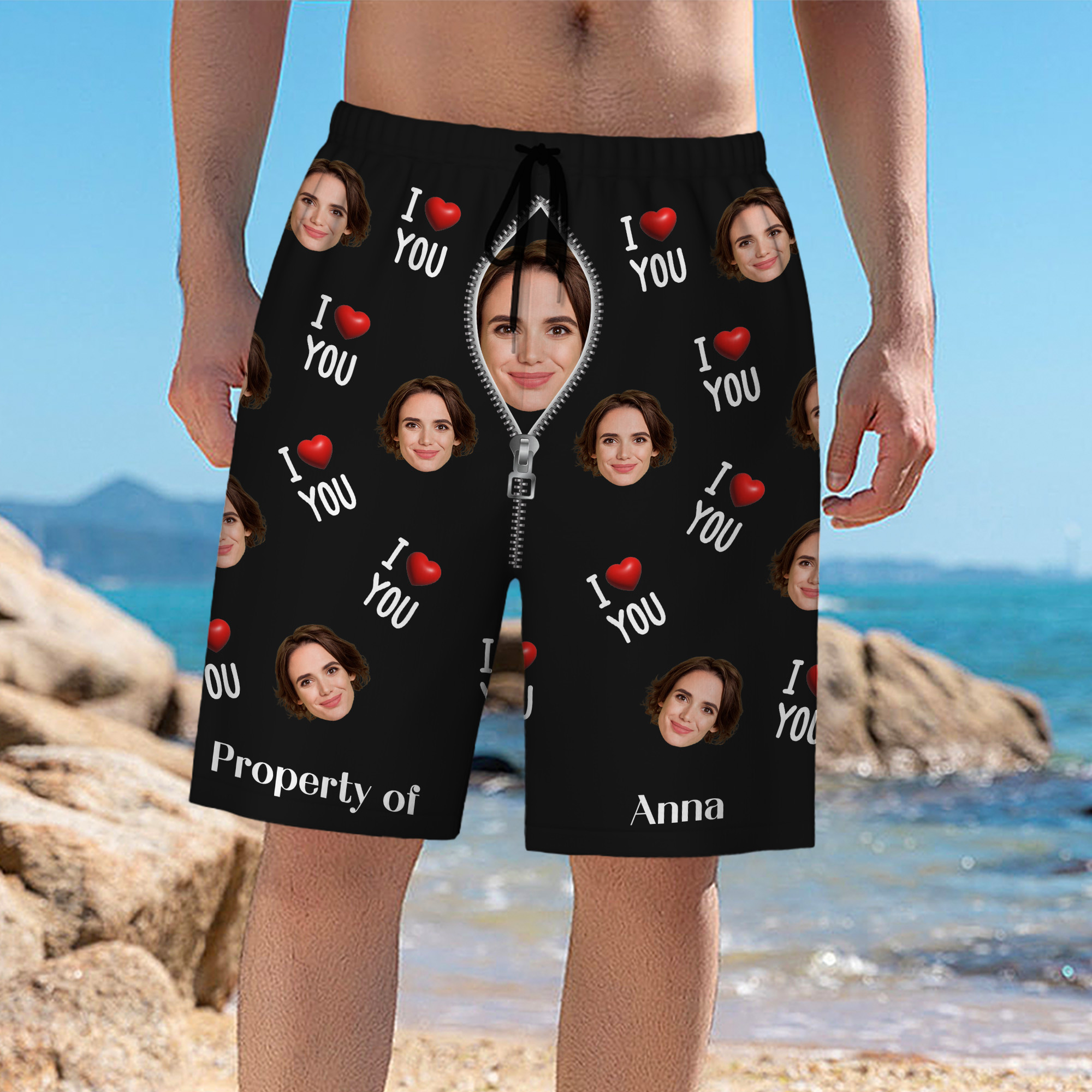 Propriété personnalisée de XX Photo du visage Maillot de bain pour homme avec nom et slip en maille Cadeau d'anniversaire pour mari Petit ami