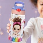 Gepersonaliseerde Cartoon Kid Childlike Doodles 12 oz geïsoleerde waterfles met naam initiaal en rietje terug naar school verjaardagscadeau voor jongens meisjes
