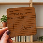 Personalized Vintage Library Card Design PU Leather Coaster with Name Author and Title Birthday Gift for Student Office Worker Book Enthusiast