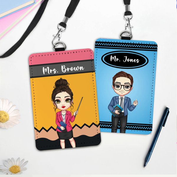 Personalised Cartoon Character Teacher ID Card PU Leather Badge Holder Lanyard Teacher's Day Back to School Gift for Teacher