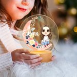 Gepersonaliseerd Cartoonfiguur Maanbloem LED Nachtlampje met Houten Basis met Naam Kerst- en Verjaardagscadeau voor Meisjes en Jongens