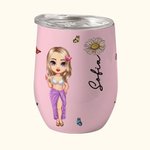 Bicchiere da 355ml personalizzato con nome fiore di nascita e personaggio in stile cartone animato regalo di compleanno matrimonio o festa per donne