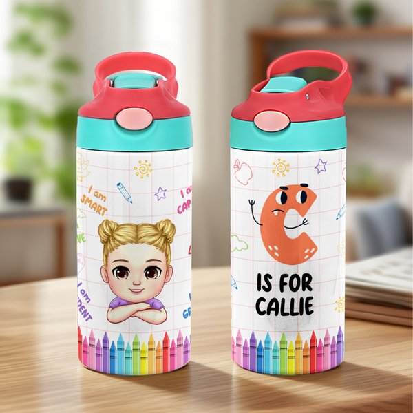 Personalisierte Cartoon Kid Childlike Doodles 12 oz isolierte Wasserflasche mit Namen Initial und Stroh zurück zu Schule Geburtstag Geschenk für Jungen Mädchen
