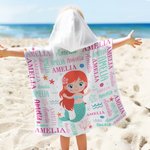 Personalized Cartoon Sea Animal Word Cloud Quick Dry Hooded Beach Towel with Name Beach Essentials Summer Vacation Birthday Gift for Boys Girls