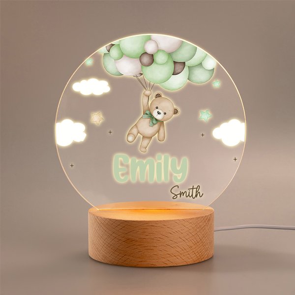 Personalized Watercolor Teddy Bear LED Night Light with Name and Wooden Base Nursery Decor Birthday Gift for Family New Parents Kids