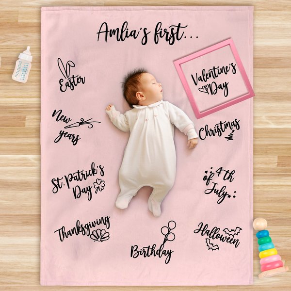 Personalized Baby's First Year of Celebration Holiday Soft Throw Blanket with Name Photo Props Birthday Baby Shower Gift for Newborn