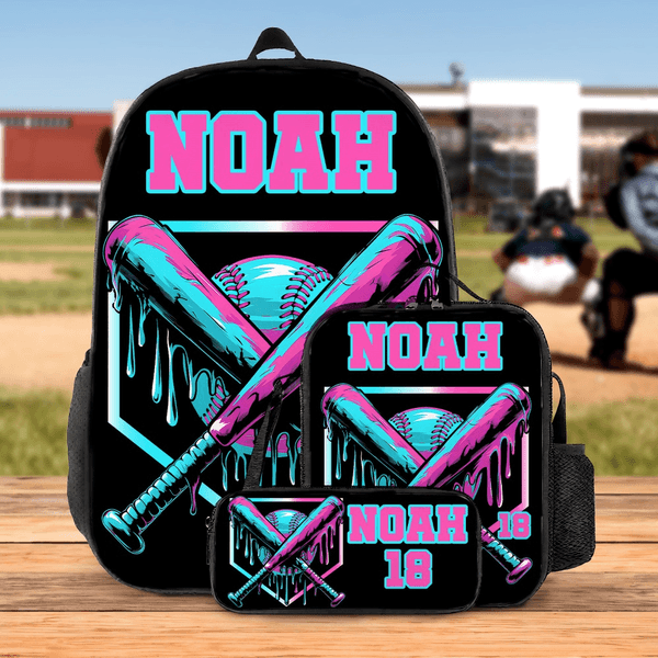 Personalized Cool Ice Cream Dripping Baseball Backpack Lunch Bag Pencil Case Set with Name Set of 3 Back to School Birthday Game Day Gift for Students