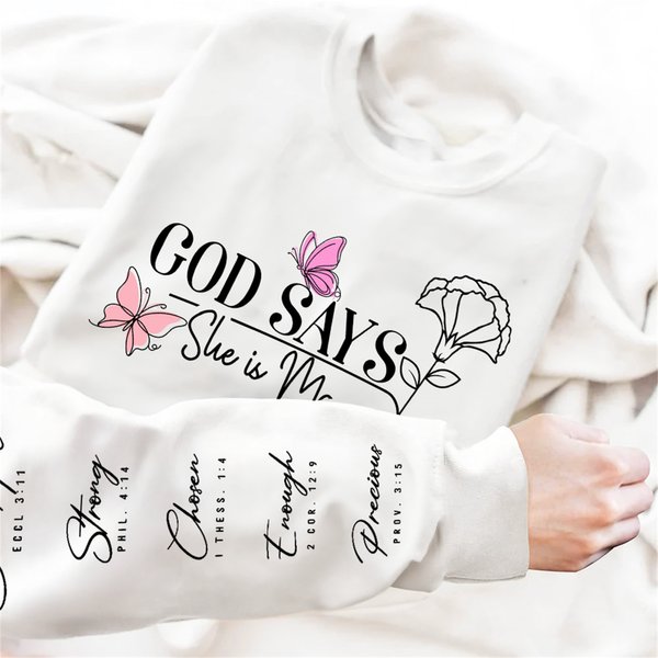 Personalised God Says Butterfly Birth Flower Encouraging Words T-shirt Sweatshirt with Name Mother's Day Birthday Gift for Women