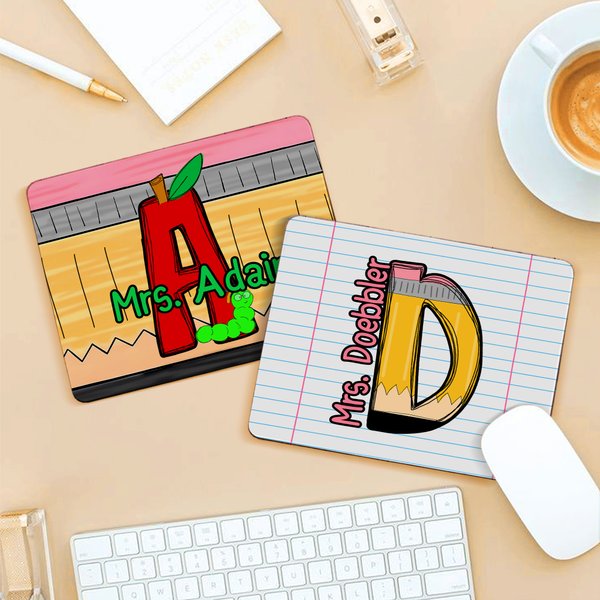 Personalized Pencil Apple Paper Teacher Theme Mouse Pad with Initial and Text Back to School Teacher's Day Appreciation Gift for Teacher