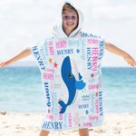 Personalized Cartoon Sea Animal Word Cloud Quick Dry Hooded Beach Towel with Name Beach Essentials Summer Vacation Birthday Gift for Boys Girls