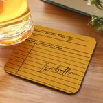 Personalized Vintage Library Card Design PU Leather Coaster with Name Author and Title Birthday Gift for Student Office Worker Book Enthusiast